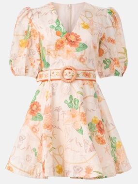 Kate Ford Tacana Plunge Mini Dress Belt Linen Floral Orange Ivory - Size 0